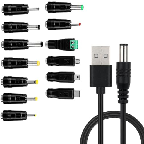 Cable USB a DC 13 en 1 Universal, 13 Conectores Intercambiables para Router, TV Box, Tiras LED y Dispositivos Electrónicos, Compatible con Philips Hue Hub, Alimentación 5V