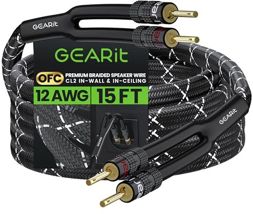 GearIT Hi-Fi 2x4mm≤ Speaker Wire with Banana Plugs (4.57 Meters - Black) OFC Oxygen-Free Copper, CL2 In-Wall Speaker Cable, Heavy-Duty Braided - 12 Gauge AWG, 15 Feet