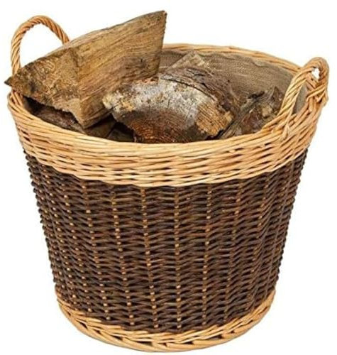 Woodluv 100% Organic Full Wicker Handmade Two Tone Round Willow Log Basket with Rustic Jute Liner Heavy Duty, Large - Natural & Dark Brown