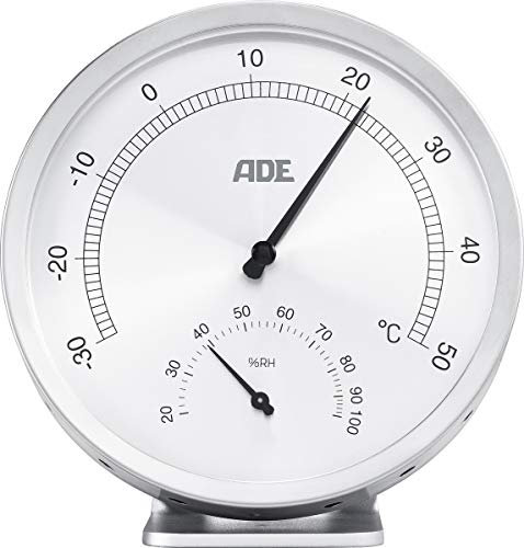 ADE Analoges Thermo-Hygrometer WS 1813 (Mechanisches Thermometer mit Hygrometer, aus Edelstahl mit Abdeckung aus Glas, 11,5 cm Durchmesser) silber