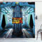 ABAKUHAUS Weltraum Duschvorhang, Schiff Station-Basis, Stoffliches Gewebe Badezimmerdekorationsset mit Haken, 175 x 240 cm, Blau Schwarz Orange