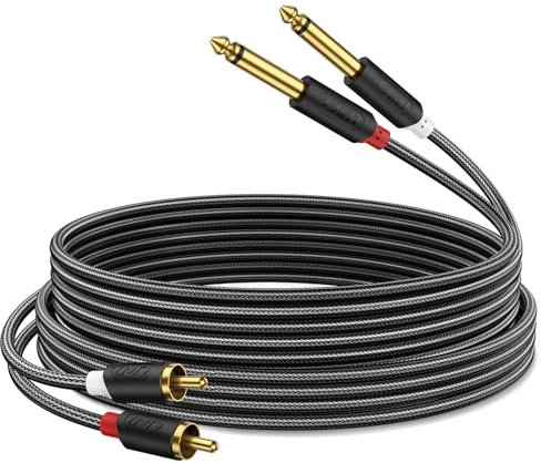 J&D Cable Audio de 2X6,35 mm a 2RCA, Chapado en Oro 2X6,35mm TS Macho a 2 RCA Macho Cáscara de PVC Estéreo Adaptador de Audio y Divisor RCA Cable con Trenzado de Nailon, 1.8 Meter