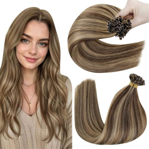 Hetto U Tip Hair Extensions Human Hair Dark Brown with Caramel Blonde Utip Extensions Keratin Bond Hot Fusion 20In 50s/50g #P4/27