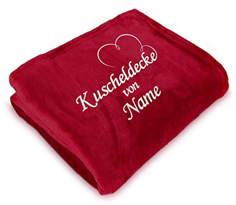 Direkt-Stick.de Kuscheldecke Bestickt mit Namen, 150 x 200 cm, Wohndecke Personalisieren mit Stickerei, Decke selbst gestalten, Romantisches Namensgeschenk mit Herz (rot)