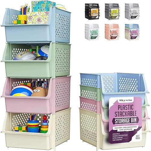 Skywin Stapelbare Aufbewahrungsboxen 4er Set, Offene Front | Offene Front Organizer Für Küche Und Vorratskammer, Stapelbare Kunststoffkörbe, 4er Set, Platzsparend