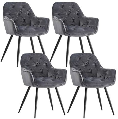 AINPECCA Dining chairs with Velvet Thick Padded Upholstered Kitchen Tub Chair Armchair with Backrest Metal Legs Living room Reception Leisure Chairs for Bedroom Lounge Office(Grey,4)