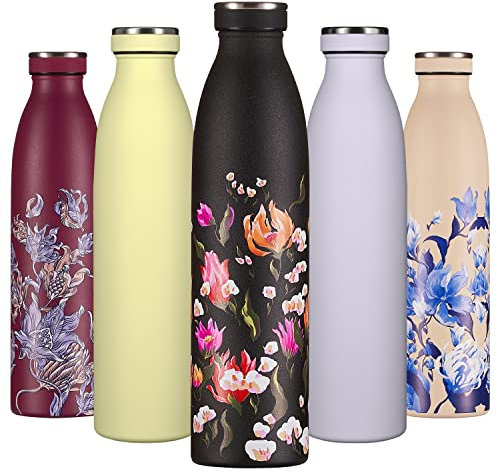 B2DO Bouteille d'eau Isotherme 750ml Noir Fleur de la Passion | Gourde métallique réutilisable en acier inoxydable à double paroi sous vide | Gourde de sport anti-fuite | Idée cadeau femmes et hommes