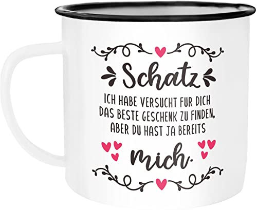 SpecialMe® Emaille-Tasse Liebe lustig Schatz ich habe versucht für dich das beste Geschenk zu finden Valentinstag weiß-schwarz Emailletasse