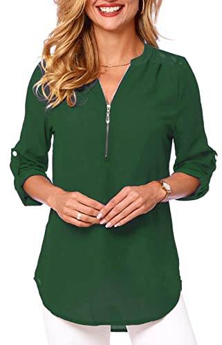 Tuopuda Chemisier pour Femme avec Col en V Chemises Chic Elégant T-Shirt à Manches Longues Blouses Blanche 3/4 Tunique Manches enroulables Hauts Décontractés, Vert, M