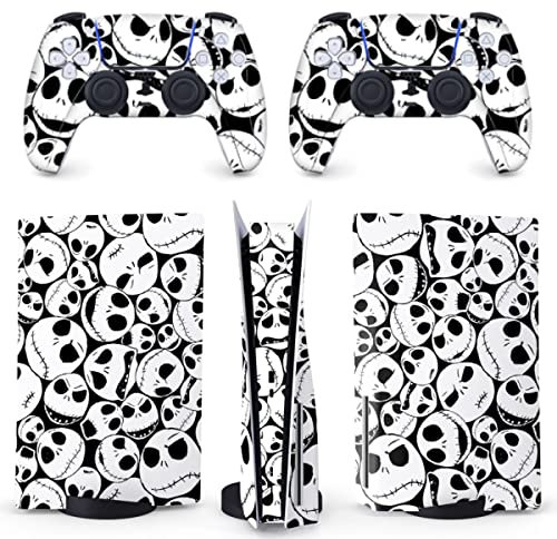 BelugaDesign PS5 Peau de crânes | Gothique Halloween Noël Cauchemar Vinyle Couverture Wrap Autocollant Ensemble Complet Console Contrôleur | Compatible avec Sony Playstation 5 (Norme PS5, Blanc Noir)