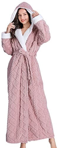LOCIIXAT Ladies Hooded Sherpa Bathrobe Long Fluffy Fleece Dressing Gown for Women, Pink 14-18 UK