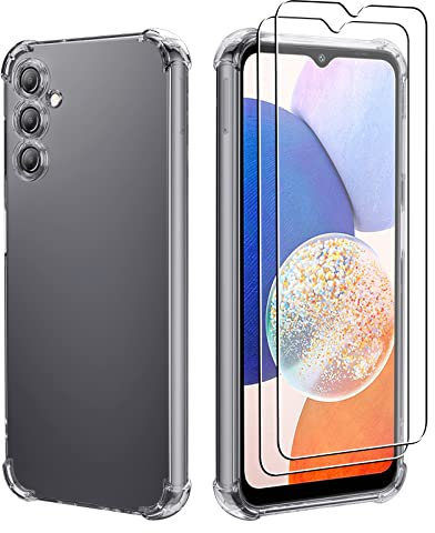 iCatchy Case for Samsung A14 5G / A14 4G Phone, Shockproof Transparent Anti-Scratch Bumper Back Cover with 2-Pack Tempered Glass Screen Protector (Clear)