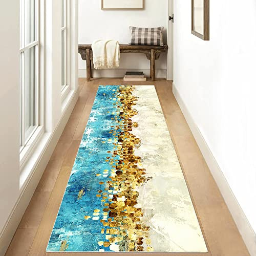 Siunwdiy Teppich Läufer Flur rutschfest 60x260cm Küchenteppich Türkis Beige und Gold Modern Abstrakt Waschbar Meterware Schlafzimmer Korridor Teppichläufer Lang, Länge Anpassbare, 40-100cm Breit
