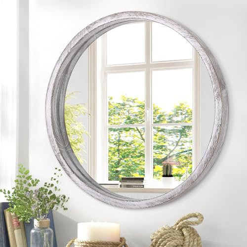 JJUUYOU Runde Wandspiegel 40cm Runde Wandspiegel geeignet für Badezimmer, idyllische weiße Bauernhaus Spiegel Badezimmer Wand hängen Holzrahmen Spiegel geeignet für Wohnzimmer, Schlafzimmer
