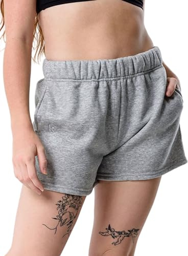 Kamo Fitness CozyTec Sweatshorts für Damen, hohe Taille, bequem, lässig, Baumwoll-Shorts mit Taschen, Meliert, Grau, Klein