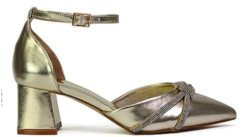 Womens Wedding Shoes Block Low Heel Ladies Ankle Strap Pointed Toe Sparkly Diamante Trim Gold Bridal Evening Party Court Shoes 5