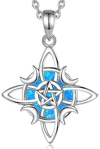 EUDORA Harmony Ball Witches Knoten Pentagramm Mond Kette Mit Blauer Opal Damen Sterling Silber 925, Hexen keltischer Knoten Witcher Halskette Wicca Amulett Anhänger Runen Schmuck Geschenk Frauen,50CM