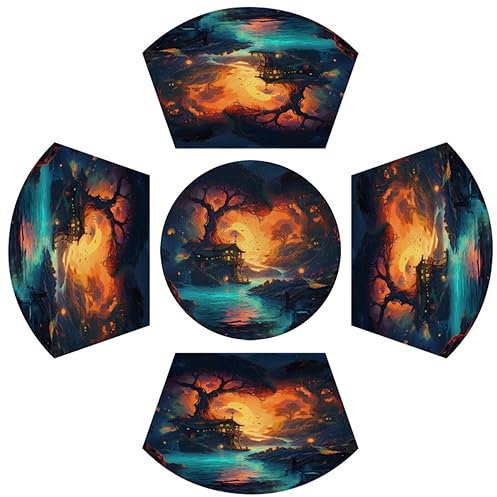 House River Tree Landscape PVC Tischsets 5er Set für Runden Tisch, 4 Keil-Tischsets & 1 Runde Mittelstück Tischmatte, Waschbar Hitzebeständige Tischsets für Küche Esstisch Platzset