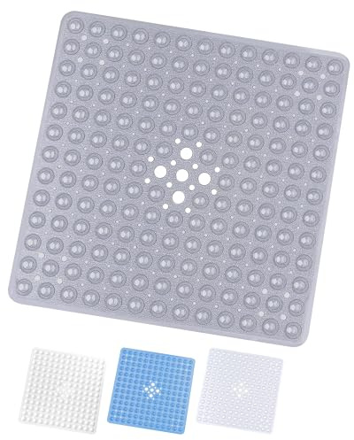 Yorkshire Bedding Non-Slip Shower Mat, 53 x 53 cm, Grey — Soft PVC Rubber, Strong Suction Cups, Drain Holes, Machine Washable Bathtub Mat