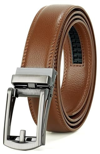 JasGood Herren Ledergürtel Automatische Ratsche Gürtel für Herren Leder Gürtel 33mm Breit mit Verstellbarer Automatische Schnalle für Anzug Geschäft Lässig,Braun,130cm