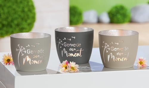 Windlichter 3er Set, aus Metall, Geniesse den Moment dunkelgrau, grau,hellgrau, 10 x 9 x 7cm