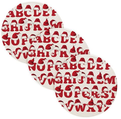 3 Pcs Absorb Water Trivet Table Runner for Hot Dishes 15in Cotton Thread Weave Cooking Potholder Set Holder for Stove Kitchen Aid Santa Claus Cartoon Hat Font Alphabet