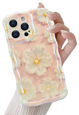 QLTYPRI for iPhone 12 Pro Max Case,Oil Painting Floral Flower Pattern Design for Girls Women, Cute Curly Wave Frame Slim Soft Silicone TPU Bumper Shockproof Phone Cover for iPhone 12 Pro Max-Pink #2