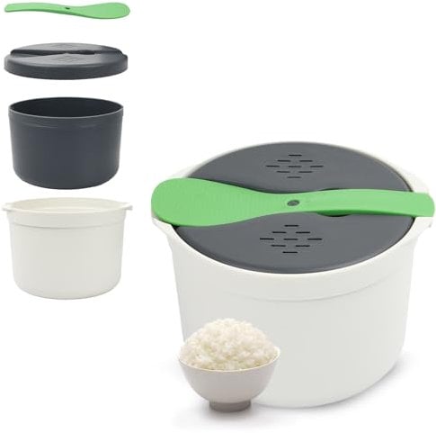 Arrocera para Microondas, Arrocera Guisada Microondas, Juego de Olla Arrocera, Vaporizador de Arroz para Horno Microondas, Máquina de Arroz de 2 Litros con Cuchara de Arroz Tapa Colador Olla de Vapor
