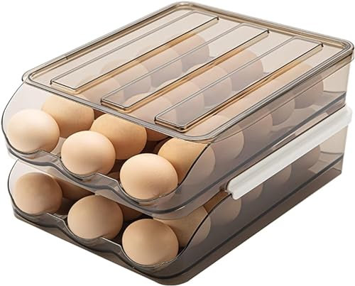 Huevera rodante automática para frigorífico Cartón de plástico apilable para almacenar huevos Estuche transparente reutilizable para bandejas de huevos con tapa Cesta para almacenar huevos (2 pisos)