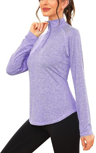 iClosam Maglia Sportiva Donna Manica Lunga Maglia Tecnica Trekking con Mezza Zip Maglietta da Corsa Traspirante Maglie Running Leggera Viola M
