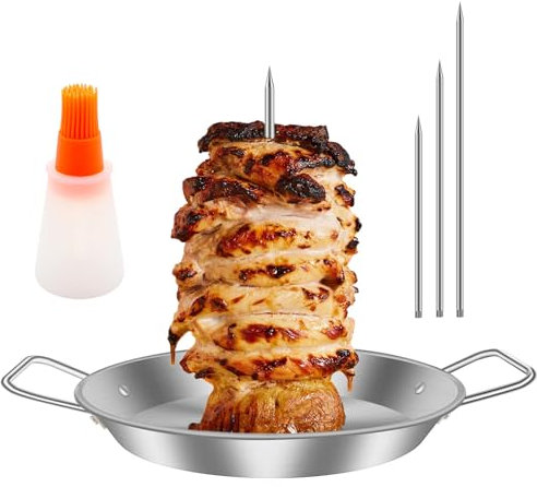 Alongen Vertical Meat Skewer, Stainless Steel BBQ Vertical Skewer Grill,with 3 Removable Spikes 8/10/12 Inch and Oil Brush for Whole Chicken Fish Sausage Steak