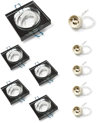 KOLORENO Einbaustrahler Einbauleuchte Oh Tami Set - 230 V~50 Hz - 5x LED Glaseinbauleuchte 11x11x 4 cm + 5x GU10 Fassung 3x3x3 cm - Quadratisch - Beweglich - Schwarz