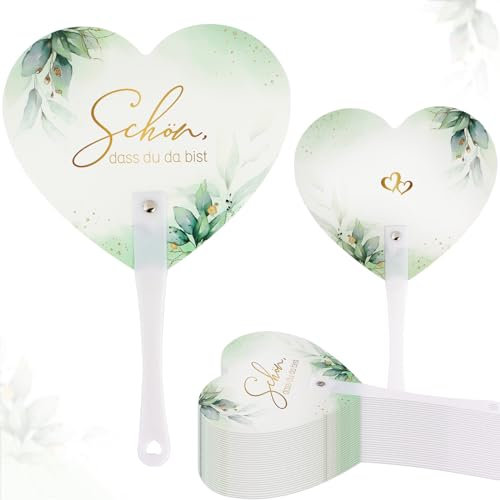 BETESSIN 24 Stück Handfächer Hochzeit - Schön dass du da bist - Hochzeitsfächer im Eukalyptus Design - Gastgeschenke Hochzeit - Mitbringsel für Geburtstag, Taufe, Babyparty uvm.