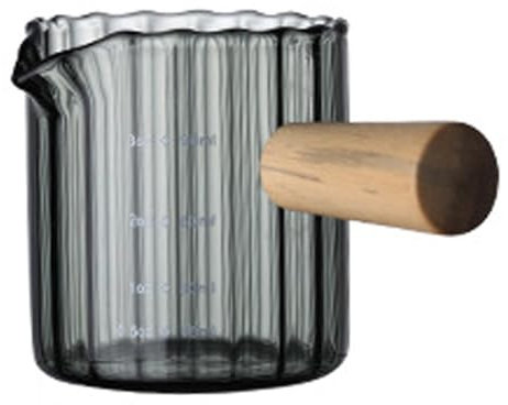Single Spout Coffee Glass, Glass Measuring Cups with Spout, Measuring Cup with Wooden Handle, Italian Glass Coffee Measuring Cup, Vertical Pattern Milk Cup for Home Office(Cylinder-Grey)
