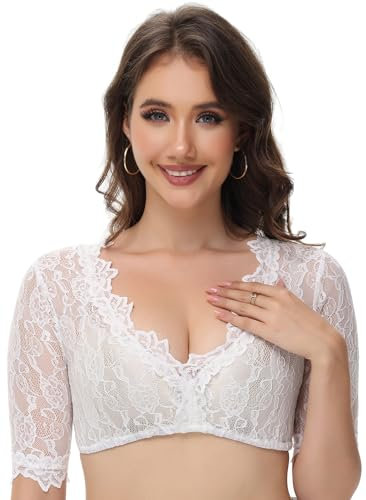 TrendiMax Damen Dirndlbluse Elegante Spitze Tracht Bluse Weiß Dirndlbluse Damen Kurzarm Oktoberfest Halbarm Bluse, Weiß-Rose-V-Ausschnitt, 34