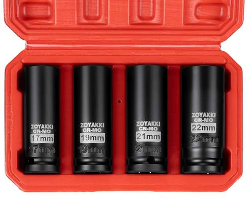ZOYAKKI 4 Pieces 1/2-Inch Drive Deep Impact Socket Set, (17-19-21-22mm), Metric Socket Set, 6 Point,with a Storage Cage