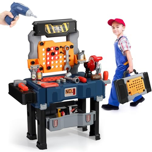 Jovow Werkbank für Kinder, Verwandelbare Simulationswerkzeugset mit elektrischer Bohrmaschine und Arbeitskleidung, Kinder Rollenspiel Lernspiel Geschenk für Kinder ab 3 Jahren，8035B