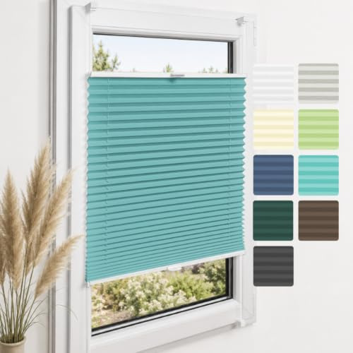 Home-Vision Premium Plissee ohne Bohren Klemmfix Türkis B35cm x H80cm | Faltrollo mit Klemmträger Lichtdurchlässig Rollo Leinenoptik Blickdicht Sonnenschutz Jalousie für Fenster & Tür
