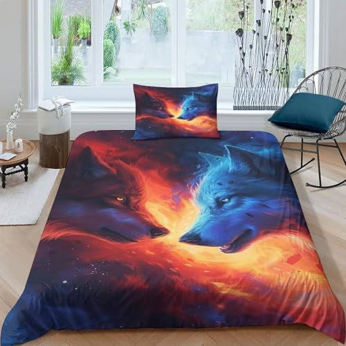 VUDBELAFC Colorful Wolf Bettbezug Set Bettwäsche-Sets Kinderbettwäsche Reißverschluss Mit Kissenbezügen Betten Set Für Jugendliche Kinder Schlafzimmer Single（135x200cm）