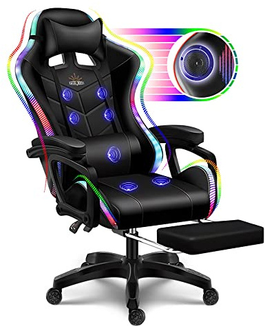 XNSHUNHOYN Gaming Chair, Computer Chair with Footrest and Lumbar Support, Height Adjustable Game Chair with 360° Swivel Seat and Headrest for Office&Gaming, Office Chair with Bluetooth Speakers&LED RG