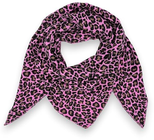 Ziona Musselin Tuch Damen Leo Dreieck Made Italy 195 x 72 cm Herbst Winter Halstuch leoprint Schal Baumwolle (Pink-Schwarz)