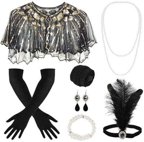 Meleager 20er Jahre Accessoires Damen, Gatsby Accessoires Damen, Flapper Accessoires, Kopfbedeckung Lange Schwarze Handschuhe, 1920er Accessoires für Karneval, Partys（G）