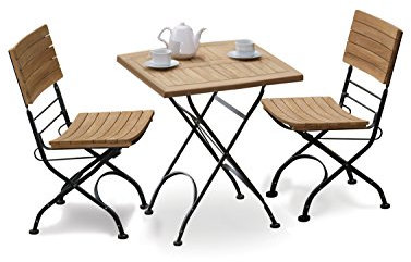 2-Sitzer Teakholz Gartentisch und Stühle Set mit Metallgestell 0,6 m quadratisch faltbarer Esstisch und 2 x faltbare Beistellstühle Lieferung komplett montiert