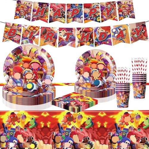 ZGCXRTO 62 Pièces Battle Vaisselle De Fête,Cartoon Couverts De Fête,Vaisselle Anniversaire Set D'Accessoires Pour Deco Enfant,Nappe Assiettes Gobelets En Papier Happy Birthday Banner Pour 10 Personnes