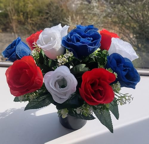 Rose Artificial Flowers in Grave Flower Pots – UV Resistant, Realistic, Long-Lasting Design for Cemetery Decorations, Grave Displays, Home & Garden Memorial Arrangements (Red White & Blue)