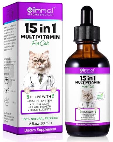Cat Vitamins and Supplements, 15 in 1 Cat Multivitamin Drops, 60ml Multivitamin for Cats, Helps with Immune System, Skin and Coat, Gut Health and Heart Health Digestion