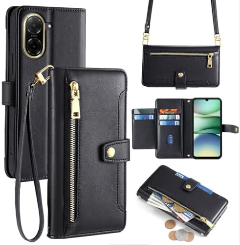 betterfon Handykette kompatibel mit Xiaomi Redmi A5 / Poco C71 | Leder Handyhülle mit Kartenfächern | Handyhülle zum Umhängen | Schwarz