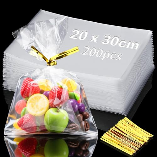Mbsomnus 200 Pièces Sachet Bonbon Transparent 30x20 cm Sachet Plastique Transparent Cellophane Réutilisables Sac à Biscuit avec Cravates pour Pain Chocolats Biscuits Bijoux Mariage Anniversaires Noël
