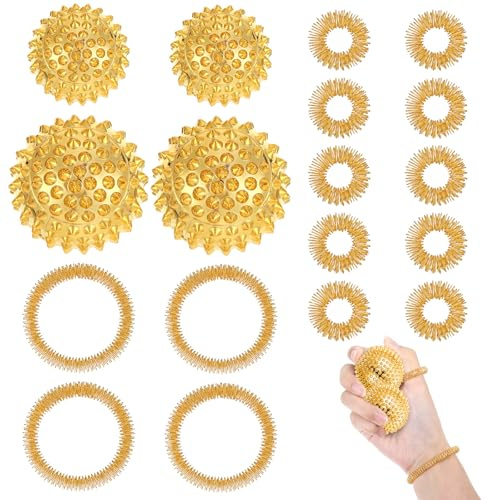 4 Stück Igelball Akupressur Ball & 10 Akkupressurringe & 4 Akkupressurarmbänder, Skills Borderline Skills Notfallkoffer, Massageball Igelball Metall Massage Set für Skills Panikattacken, Gold