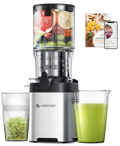 AMZCHEF Estrattore Frutta e Verdura 136mm, 1.8L Centrifuga Lenta 180W, Doppia Coclea in Acciaio Inox, Facile da Montare e Pulire, per Succo/Smoothie/Frullato